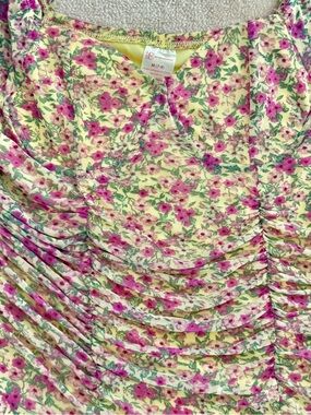 No Boundaries Juniors Ruched Front Sheer Layer Yellow Chamomile Pink Floral Top